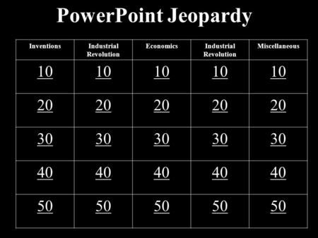 PowerPoint Jeopardy InventionsIndustrial Revolution EconomicsIndustrial Revolution Miscellaneous 10 20 30 40 50.
