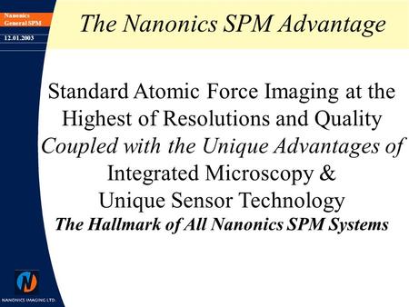 Nanonics General SPM 12.01.2003 The Nanonics SPM Advantage Standard Atomic Force Imaging at the Highest of Resolutions and Quality Coupled with the Unique.
