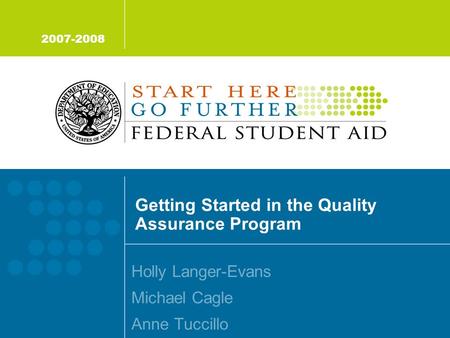 Getting Started in the Quality Assurance Program Holly Langer-Evans Michael Cagle Anne Tuccillo 2007-2008.