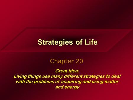 Strategies of Life Chapter 20 Great Idea: Living things use many different strategies to deal with the problems of acquiring and using matter and energy.