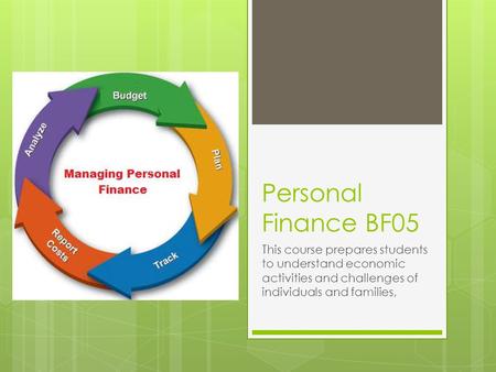 Personal Finance BF05 This course prepares students to understand economic activities and challenges of individuals and families,
