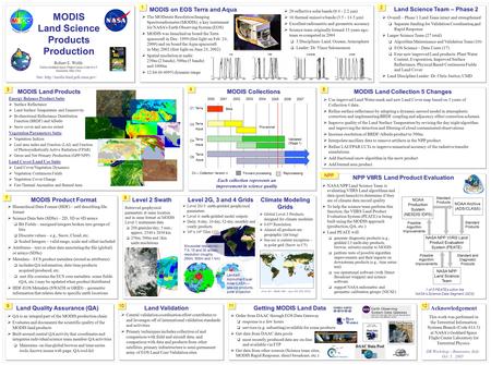 MODIS Land Science Products Production Robert E. Wolfe NASA Goddard Space Flight Center, Code 614.5 Greenbelt, MD, USA This work was performed in the Terrestrial.