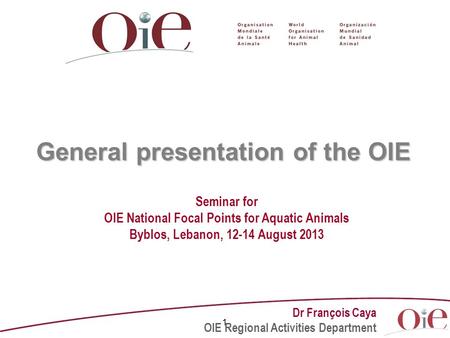 1 General presentation of the OIE Seminar for OIE National Focal Points for Aquatic Animals Byblos, Lebanon, 12-14 August 2013 Dr François Caya OIE Regional.