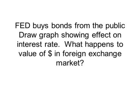 FED buys bonds from the public Draw graph showing effect on interest rate. What happens to value of $ in foreign exchange market?