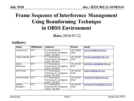 Doc.: IEEE 802.11-10/0831r0 Submission July 2010 Yusuke Asai (NTT)Slide 1 Frame Sequence of Interference Management Using Beamforming Technique in OBSS.