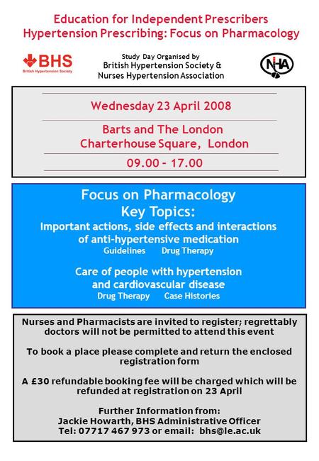 Education for Independent Prescribers Hypertension Prescribing: Focus on Pharmacology Wednesday 23 April 2008 Barts and The London Charterhouse Square,