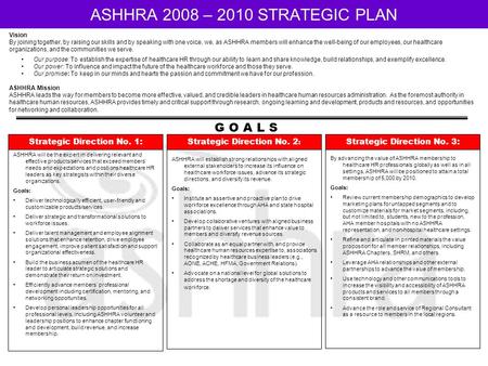 ASHHRA 2008 – 2010 STRATEGIC PLAN Vision By joining together, by raising our skills and by speaking with one voice, we, as ASHHRA members will enhance.