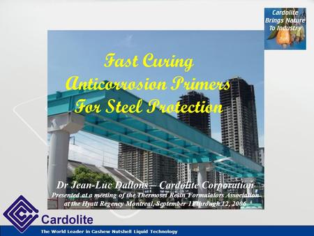 The World Leader in Cashew Nutshell Liquid Technology Fast Curing Anticorrosion Primers For Steel Protection Dr Jean-Luc Dallons – Cardolite Corporation.