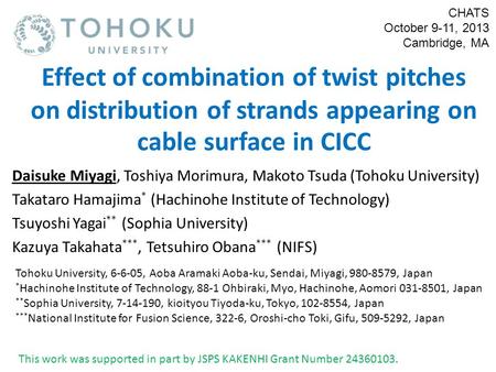 Effect of combination of twist pitches on distribution of strands appearing on cable surface in CICC Daisuke Miyagi, Toshiya Morimura, Makoto Tsuda (Tohoku.
