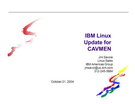 IBM Linux Update for CAVMEN Jim Savoie Linux Sales IBM Americas Group 312-245-5684 October 21, 2004.