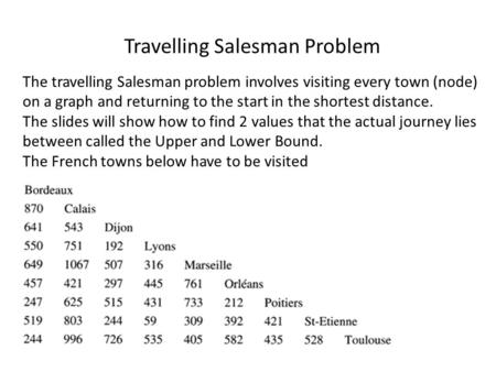 The travelling Salesman problem involves visiting every town (node) on a graph and returning to the start in the shortest distance. The slides will show.