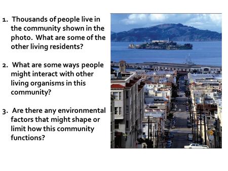 1. Thousands of people live in the community shown in the photo. What are some of the other living residents? 2. What are some ways people might interact.