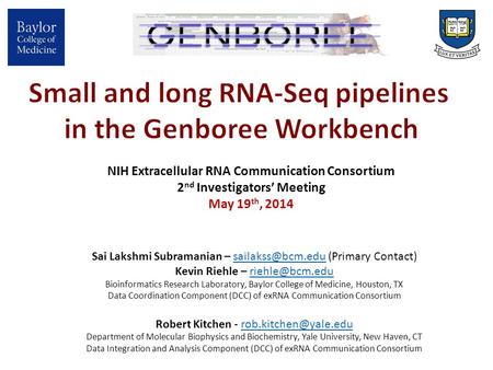 NIH Extracellular RNA Communication Consortium 2 nd Investigators’ Meeting May 19 th, 2014 Sai Lakshmi Subramanian – (Primary