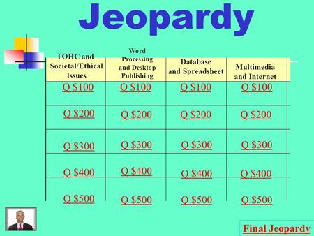 Jeopardy TOHC and Societal/Ethical Issues Word Processing and Desktop Publishing Database and Spreadsheet Multimedia and Internet Q $100 Q $200 Q $300.