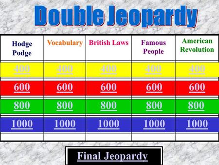 400 600 800 1000 Final Jeopardy 800 Hodge Podge Vocabulary British Laws Famous People American Revolution 400 600 800 1000.