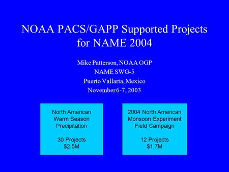 NOAA PACS/GAPP Supported Projects for NAME 2004 Mike Patterson, NOAA OGP NAME SWG-5 Puerto Vallarta, Mexico November 6-7, 2003 North American Warm Season.