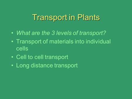 Transport in Plants What are the 3 levels of transport? Transport of materials into individual cells Cell to cell transport Long distance transport.