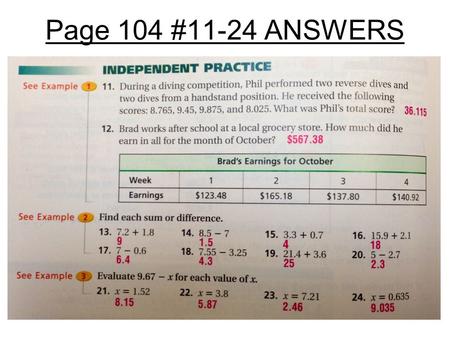 Page 104 #11-24 ANSWERS Student Learning Goal Chart Lesson Reflections.