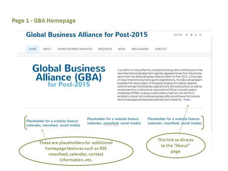 Page 1 - GBA Homepage This link re-directs to the “About” page These are placeholders for additional homepage features such as RSS newsfeed, calendar,