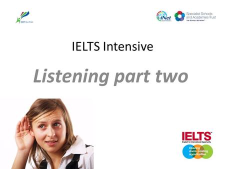 IELTS Intensive Listening part two. IELTS Listening First part of the exam 30 minutes of listening 10 minutes to transfer the answers to an answer paper.