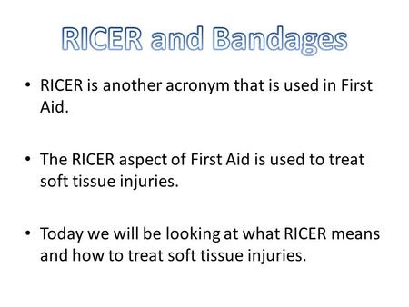 RICER is another acronym that is used in First Aid. The RICER aspect of First Aid is used to treat soft tissue injuries. Today we will be looking at what.