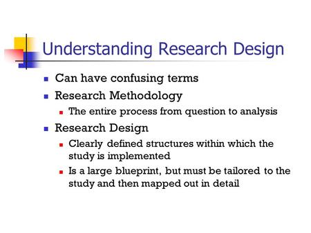 Understanding Research Design Can have confusing terms Research Methodology The entire process from question to analysis Research Design Clearly defined.