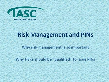 Risk Management and PINs Why risk management is so important Why HSRs should be “qualified” to issue PINs 1 Training & Safety Consultants.