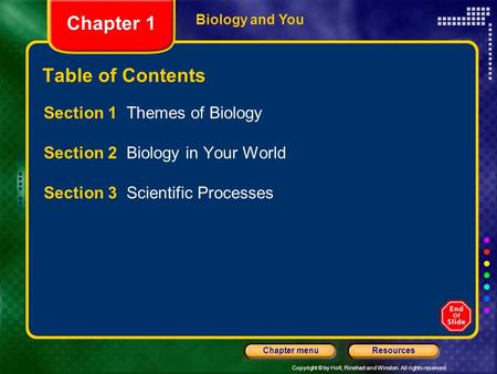 Copyright © by Holt, Rinehart and Winston. All rights reserved. ResourcesChapter menu Biology and You Table of Contents Section 1 Themes of Biology Section.