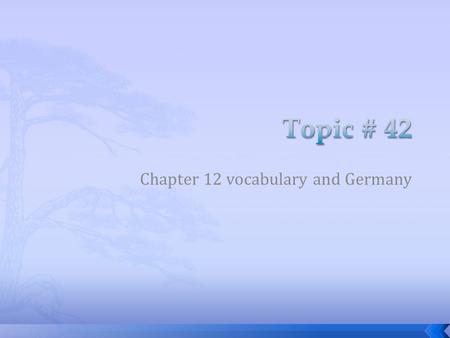 Chapter 12 vocabulary and Germany. 1. Navigable 2. Loess 3. Medieval 4. NATO 5. Impressionism 6. Paris 7. Charlemagne 8. Napoleon Bonaparte 9. Reformation.