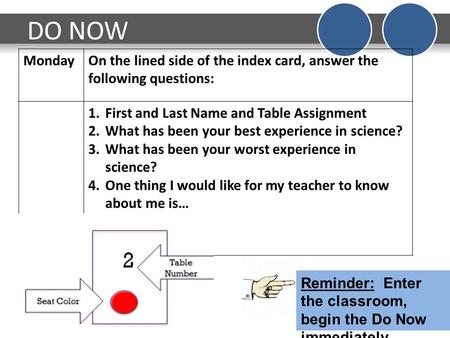 DO NOW MondayOn the lined side of the index card, answer the following questions: 1.First and Last Name and Table Assignment 2.What has been your best.