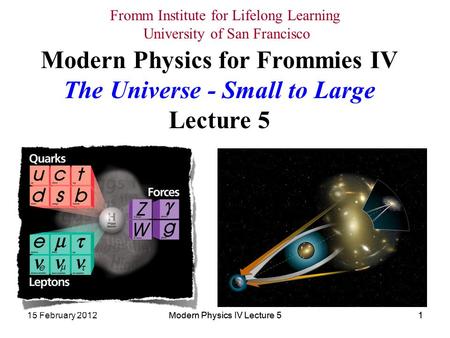 Modern Physics IV Lecture 5115 February 2012Modern Physics IV Lecture 51 Modern Physics for Frommies IV The Universe - Small to Large Lecture 5 Fromm Institute.