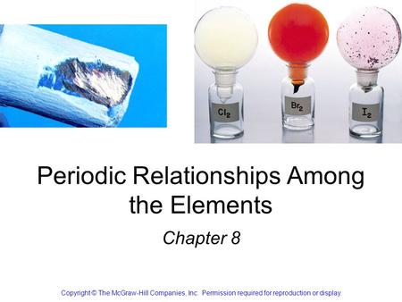 Periodic Relationships Among the Elements Chapter 8 Copyright © The McGraw-Hill Companies, Inc. Permission required for reproduction or display.