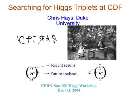 Searching for Higgs Triplets at CDF Chris Hays, Duke University CERN Non-SM Higgs Workshop Dec 1-2, 2004 ( ) H ++ H + H 0 Recent results Future analyses.