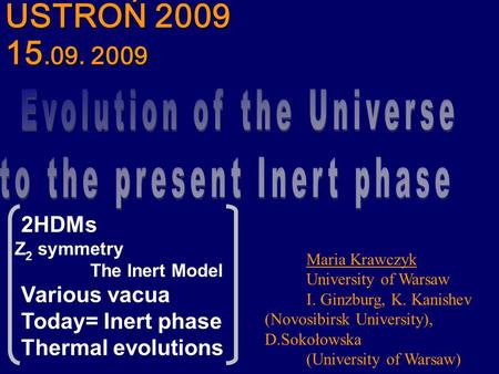 USTROŃ 2009 15.09. 2009 Maria Krawczyk University of Warsaw I. Ginzburg, K. Kanishev (Novosibirsk University), D.Sokołowska (University of Warsaw) 2HDMs.