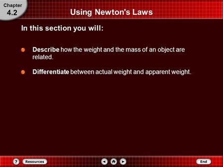 Using Newton's Laws Describe how the weight and the mass of an object are related. Differentiate between actual weight and apparent weight. In this section.
