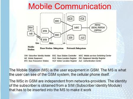 Mobile Communication The Mobile Station (MS) is the user equipment in GSM. The MS is what the user can see of the GSM system, the cellular phone itself.