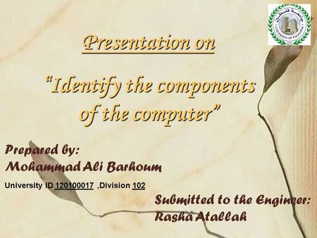 Presentation on “Identify the components of the computer” Prepared by: Mohammad Ali Barhoum University ID 120100017,Division 102 Submitted to the Engineer: