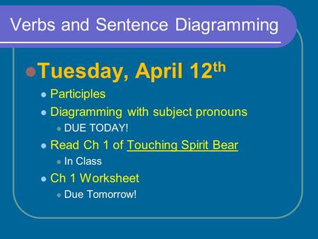 Verbs and Sentence Diagramming Tuesday, April 12 th Participles Diagramming with subject pronouns DUE TODAY! Read Ch 1 of Touching Spirit Bear In Class.