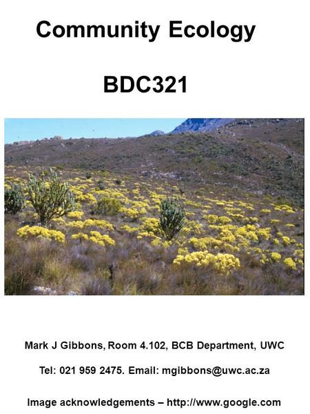 Community Ecology BDC321 Mark J Gibbons, Room 4.102, BCB Department, UWC Tel: 021 959 2475.   Image acknowledgements –