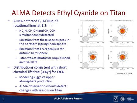 1 ALMA Science Results ALMA Detects Ethyl Cyanide on Titan ALMA detected C 2 H 5 CN in 27 rotational lines at 1.3mm – HC 3 N, CH 3 CN and CH 3 CCH simultaneously.