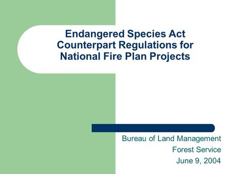 Endangered Species Act Counterpart Regulations for National Fire Plan Projects Bureau of Land Management Forest Service June 9, 2004.