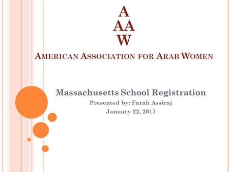 A AA W A MERICAN A SSOCIATION FOR A RAB W OMEN Massachusetts School Registration Presented by: Farah Assiraj January 22, 2011.