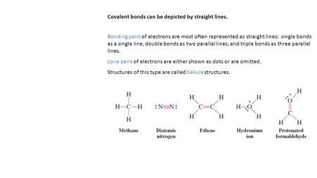 Covalent bonds can be depicted by straight lines.