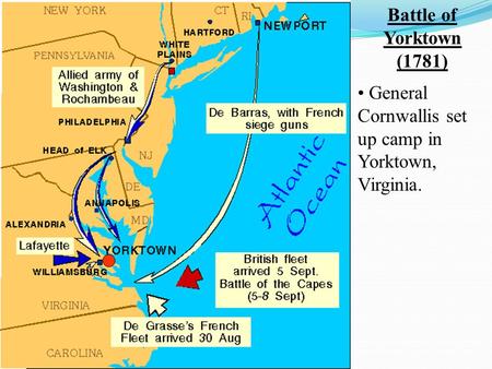 Battle of Yorktown (1781) • General Cornwallis set up camp in Yorktown, Virginia.