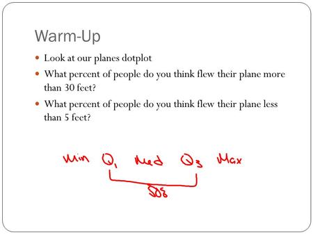 Warm-Up Look at our planes dotplot What percent of people do you think flew their plane more than 30 feet? What percent of people do you think flew their.