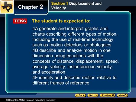© Houghton Mifflin Harcourt Publishing Company The student is expected to: Chapter 2 Section 1 Displacement and Velocity TEKS 4A generate and interpret.