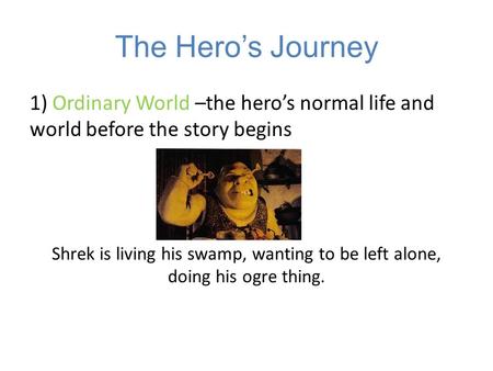 The Hero’s Journey 1) Ordinary World –the hero’s normal life and world before the story begins Shrek is living his swamp, wanting to be left alone, doing.