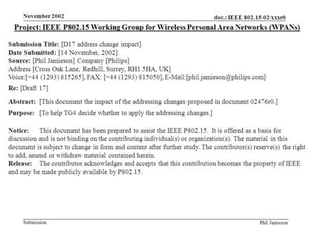 Doc.: IEEE 802.15-02/xxxr0 Submission Phil Jamieson November 2002 Project: IEEE P802.15 Working Group for Wireless Personal Area Networks (WPANs) Submission.