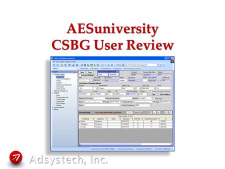 AESuniversity CSBG User Review. CSBG User Review Data Entry Requirements –Central Intake –Program Entry, Activities, Milestones Basic Reports Options.
