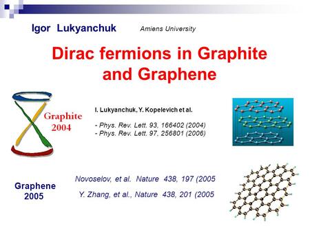 Dirac fermions in Graphite and Graphene Igor Lukyanchuk Amiens University I. Lukyanchuk, Y. Kopelevich et al. - Phys. Rev. Lett. 93, 166402 (2004) - Phys.